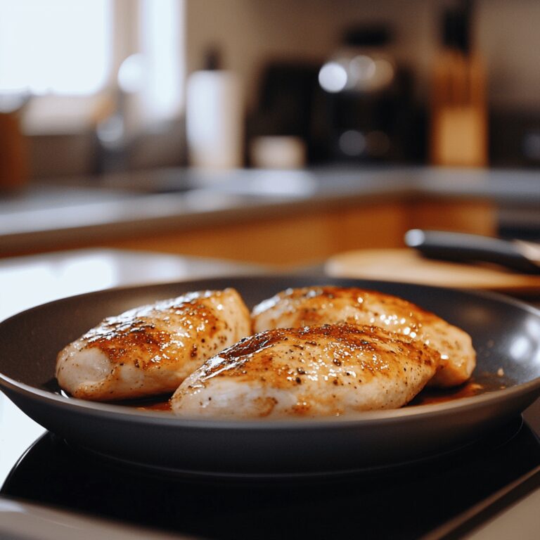 A warm, cozy kitchen scene featuring a countertop with a thawing frozen chicken breast in a bowl of cold water, surrounded by essential cooking tools like a cutting board, a knife, and fresh herbs. Soft, natural lighting illuminates the space, highlighting details like colorful ingredients, utensils, and a few kitchen gadgets, creating an inviting atmosphere for a food blog post about safely thawing chicken.