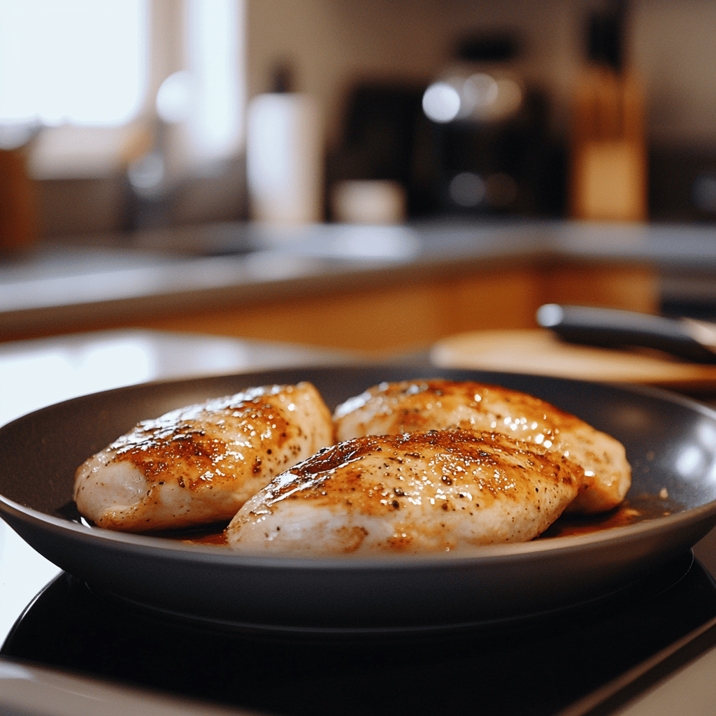 A warm, cozy kitchen scene featuring a countertop with a thawing frozen chicken breast in a bowl of cold water, surrounded by essential cooking tools like a cutting board, a knife, and fresh herbs. Soft, natural lighting illuminates the space, highlighting details like colorful ingredients, utensils, and a few kitchen gadgets, creating an inviting atmosphere for a food blog post about safely thawing chicken.