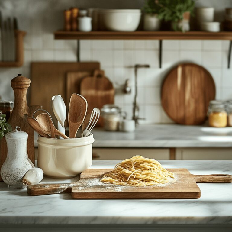 A warm and inviting modern kitchen with natural lighting, featuring cooking utensils, bowls, and fresh ingredients on the countertop, subtly hinting at the theme of salting pasta water without focusing on a specific dish, creating a cozy and professional atmosphere.