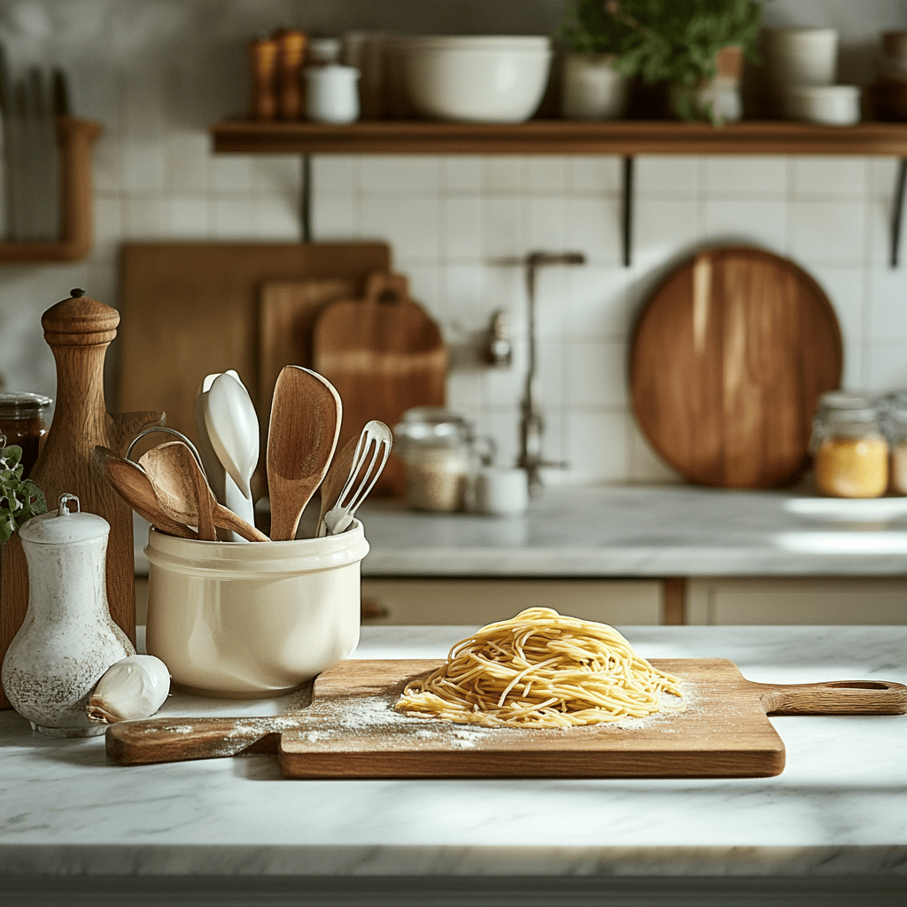 A warm and inviting modern kitchen with natural lighting, featuring cooking utensils, bowls, and fresh ingredients on the countertop, subtly hinting at the theme of salting pasta water without focusing on a specific dish, creating a cozy and professional atmosphere.