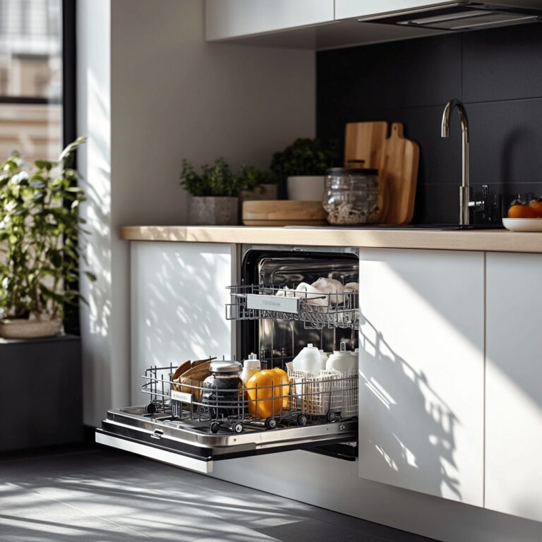 A cozy modern kitchen featuring a well-organized countertop with various cooking utensils, bowls, and cleaning products. Soft natural lighting streams in through a window, casting gentle shadows. The dishwasher stands open, revealing sparkling clean dishes, while hints of ingredients and tools suggest a cooking environment. The overall atmosphere is warm and inviting, perfect for a food blog post about cleaning your dishwasher.