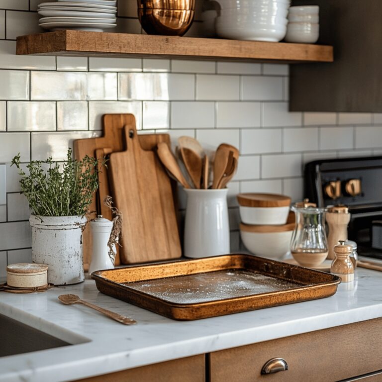 A warm and inviting modern kitchen with a cozy vibe, featuring a polished countertop displaying various cooking utensils, bowls, and a few ingredients. The scene captures the essence of kitchen life with natural lighting, highlighting a clean and organized environment. Subtle elements suggest the theme of cleaning dirty sheet pans, such as a sparkling pan in the foreground and a gentle spray bottle nearby, while maintaining a homely and professional atmosphere.