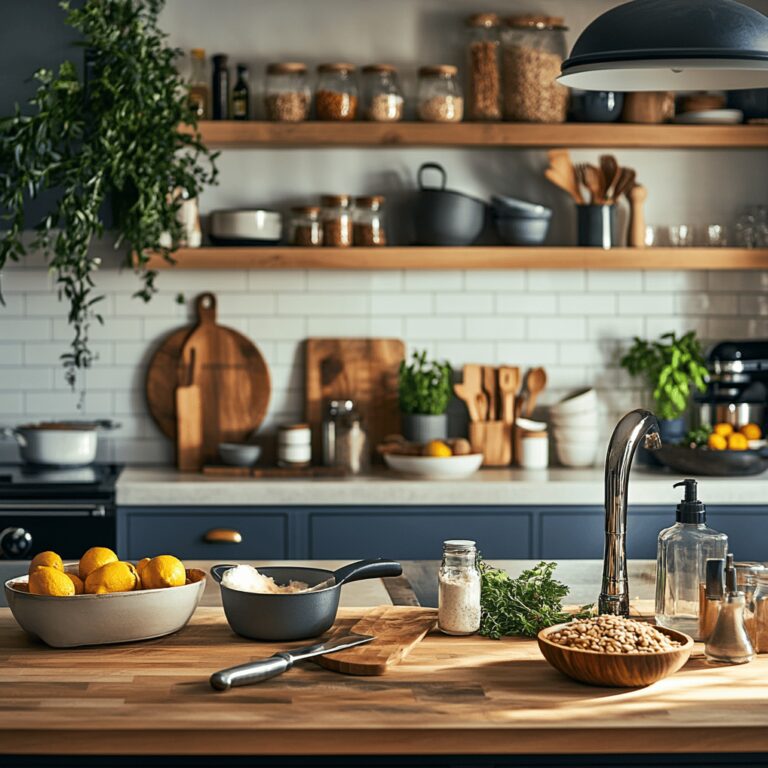 A warm, inviting kitchen scene showcasing various grocery staples on sale, such as colorful fresh vegetables, grains, and canned goods arranged artfully on a countertop. Cooking tools like utensils and bowls are scattered around, creating a cozy, homey atmosphere. Natural light filters in through a window, illuminating the space and enhancing the friendly vibe. The composition subtly emphasizes a blend of homeliness and professionalism, inviting readers to explore essential ingredients for cooking.
