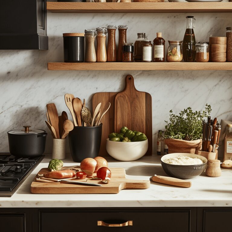 A warm, inviting modern kitchen filled with cooking utensils, colorful ingredients, and neatly arranged grocery staples on the countertop, exuding a cozy atmosphere with natural lighting, perfect for a food blog about essential items to buy on sale.
