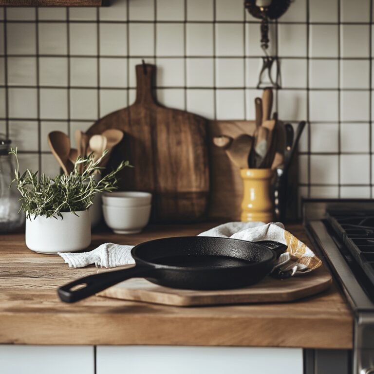 A warm and inviting modern kitchen scene featuring a well-used cast iron skillet on a countertop, surrounded by various cooking utensils, fresh ingredients like herbs and vegetables, and a gentle play of natural light coming through a window. The atmosphere is cozy and professional, reflecting a homely yet stylish cooking space, with hints of cleaning tools subtly included to represent the theme of maintaining cast iron cookware.