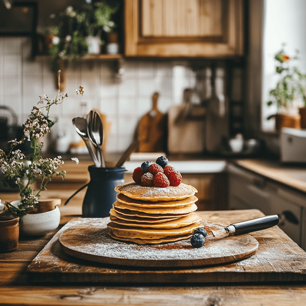 A cozy modern kitchen scene featuring an assortment of pancake ingredients and cooking tools arranged on a countertop, with bowls, utensils, and subtle hints of different pancake recipes. The lighting is warm and natural, creating an inviting atmosphere that complements a food blog about popular pancake recipes, without focusing on any single dish.