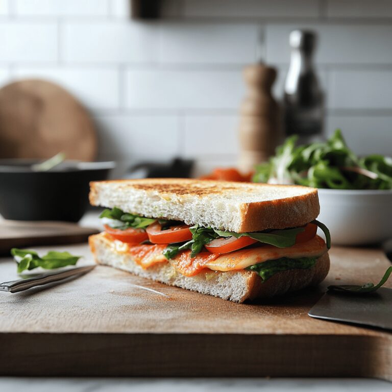 A warm, cozy modern kitchen filled with natural light, featuring a countertop adorned with vibrant ingredients for a simple sandwich, including fresh bread, a jar of spread, and fresh greens. Cooking utensils and bowls are artfully arranged in the background, creating an inviting atmosphere that reflects the theme of a food blog. The scene captures a homey yet professional vibe, highlighting the joy of simple cooking without focusing on a single dish.