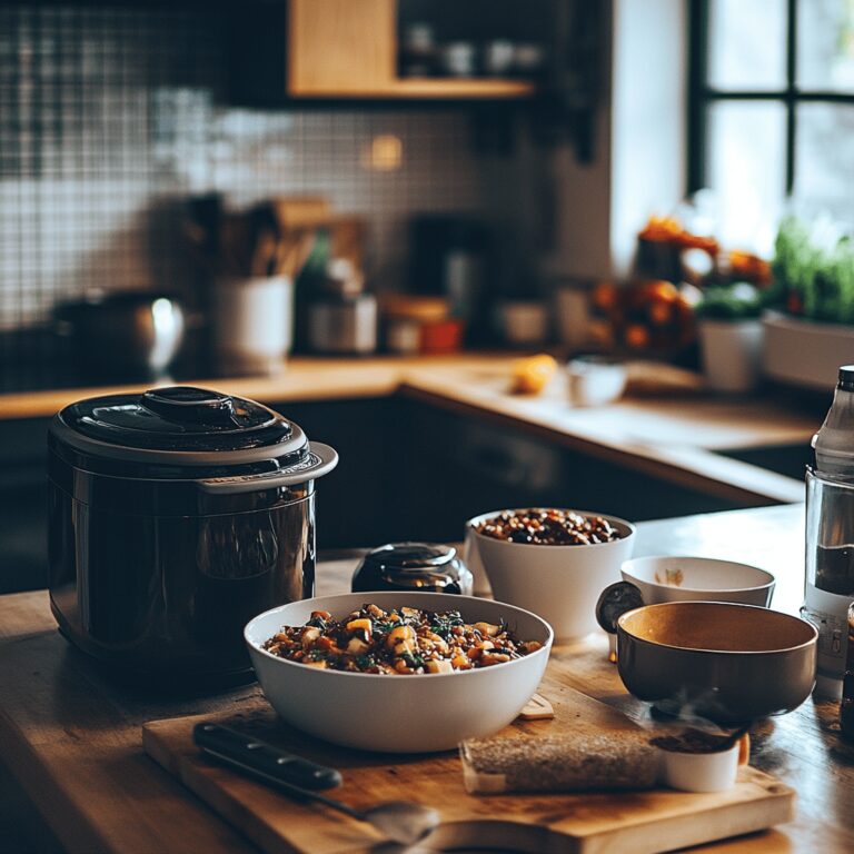 A warm, inviting modern kitchen filled with cooking tools and ingredients, showcasing a cozy atmosphere. Soft, natural lighting bathes the countertop where various utensils and bowls are arranged, subtly hinting at a slow cooker while creating an inviting space. The scene embodies a homely, professional vibe, ideal for a food blog about crowd-pleasing recipes.