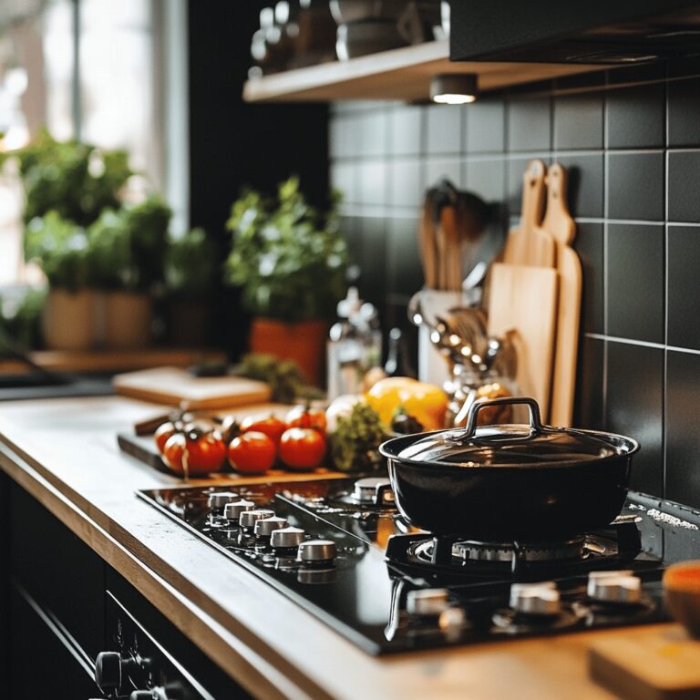 An inviting modern kitchen with a warm, cozy ambiance, featuring a well-organized stovetop and various cooking tools, ingredients in bowls, and utensils scattered around. The lighting is natural and friendly, enhancing the homely yet professional feel of the space, reflecting the theme of maintaining a clean and welcoming cooking environment.
