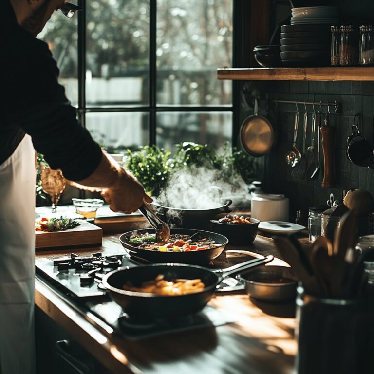 A warm and cozy modern kitchen filled with cooking tools, fresh ingredients, and subtle hints of food preparation. The scene captures a friendly, inviting atmosphere, featuring well-organized utensils, colorful bowls, and a clean countertop, all under natural, soft lighting that creates a homely yet professional vibe, emphasizing the theme of discerning when to leave a restaurant.