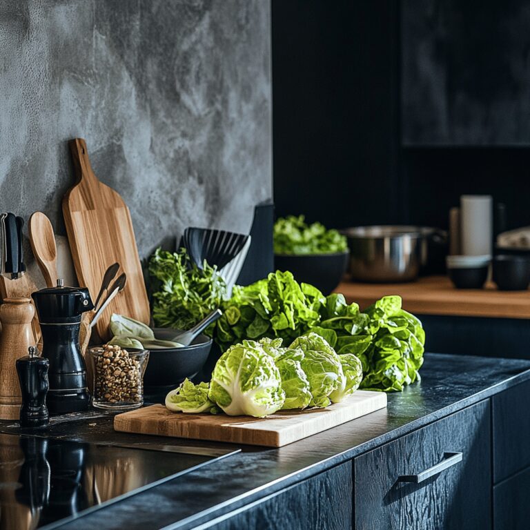 A cozy modern kitchen scene featuring fresh lettuce in a bowl on the countertop, surrounded by various cooking utensils and ingredients. Natural light streams in, highlighting a subtle trick for keeping lettuce crisp, with hints of vibrant colors from fresh vegetables nearby. The overall atmosphere is warm and inviting, perfect for a food blog.