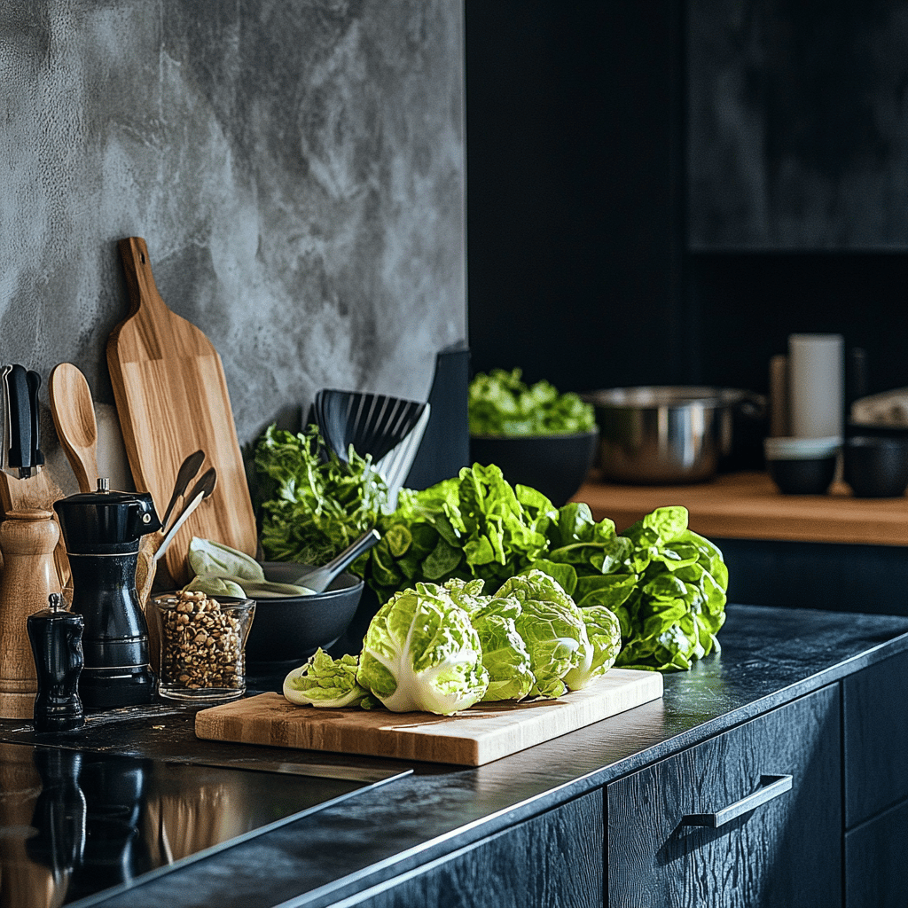 A cozy modern kitchen scene featuring fresh lettuce in a bowl on the countertop, surrounded by various cooking utensils and ingredients. Natural light streams in, highlighting a subtle trick for keeping lettuce crisp, with hints of vibrant colors from fresh vegetables nearby. The overall atmosphere is warm and inviting, perfect for a food blog.
