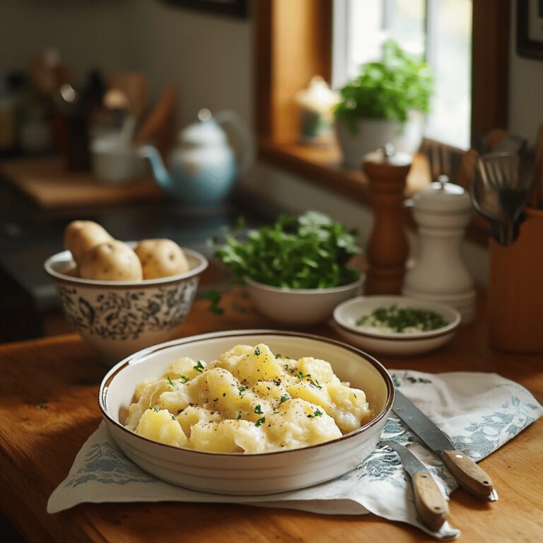 A warm and inviting modern kitchen is captured, featuring a mix of cooking utensils, fresh ingredients, and cozy decor. The countertops are tidy with a wooden cutting board, a bowl of unpeeled potatoes, and a few herbs scattered around. Soft, natural light streams in through a window, illuminating the space and creating a friendly atmosphere. The background hints at a Lipton box, subtly connecting to the recipe theme, while decorative elements like a pot and colorful dish towels enhance the cozy vibe. The overall composition feels organic and welcoming, embodying the essence of home cooking.