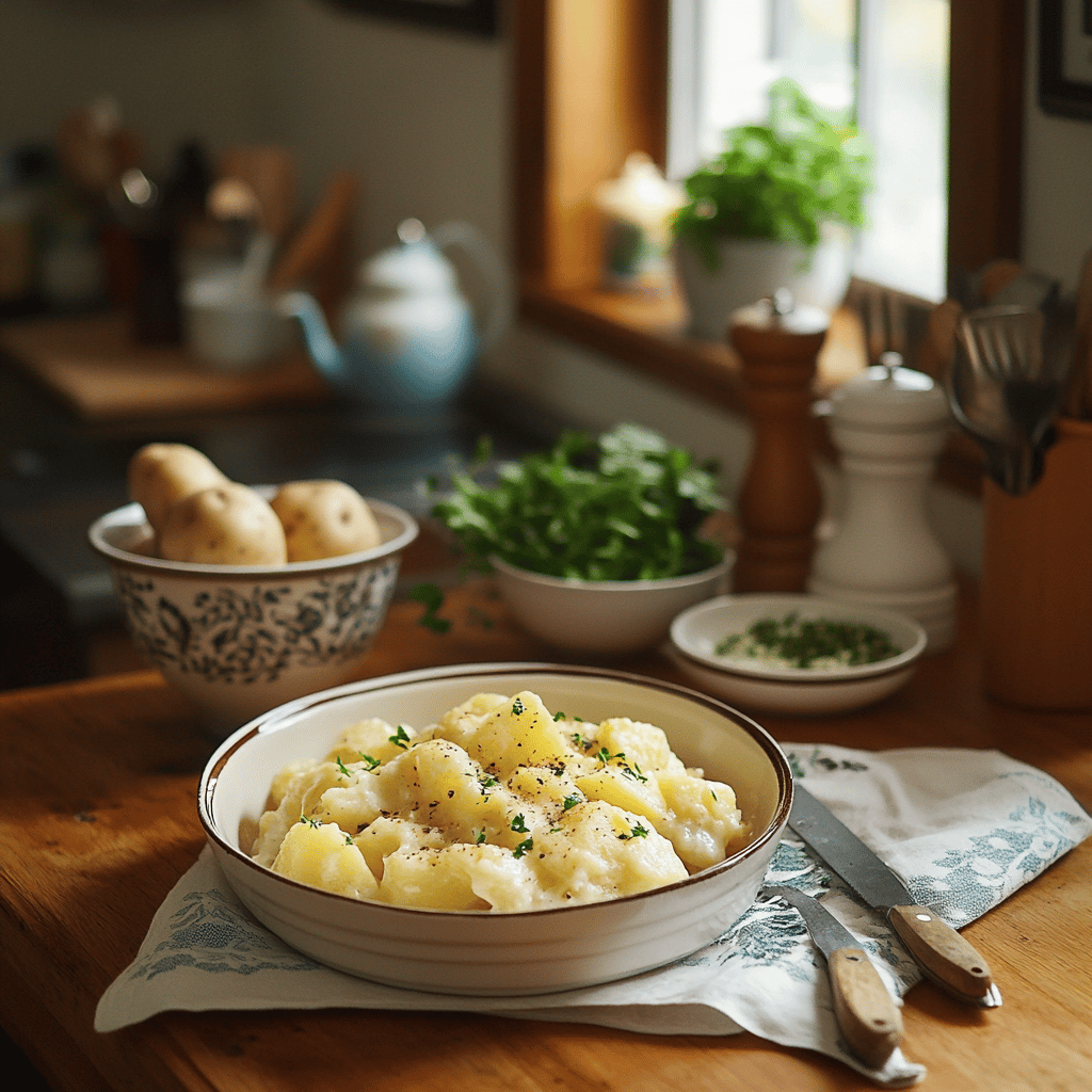 A warm and inviting modern kitchen is captured, featuring a mix of cooking utensils, fresh ingredients, and cozy decor. The countertops are tidy with a wooden cutting board, a bowl of unpeeled potatoes, and a few herbs scattered around. Soft, natural light streams in through a window, illuminating the space and creating a friendly atmosphere. The background hints at a Lipton box, subtly connecting to the recipe theme, while decorative elements like a pot and colorful dish towels enhance the cozy vibe. The overall composition feels organic and welcoming, embodying the essence of home cooking.