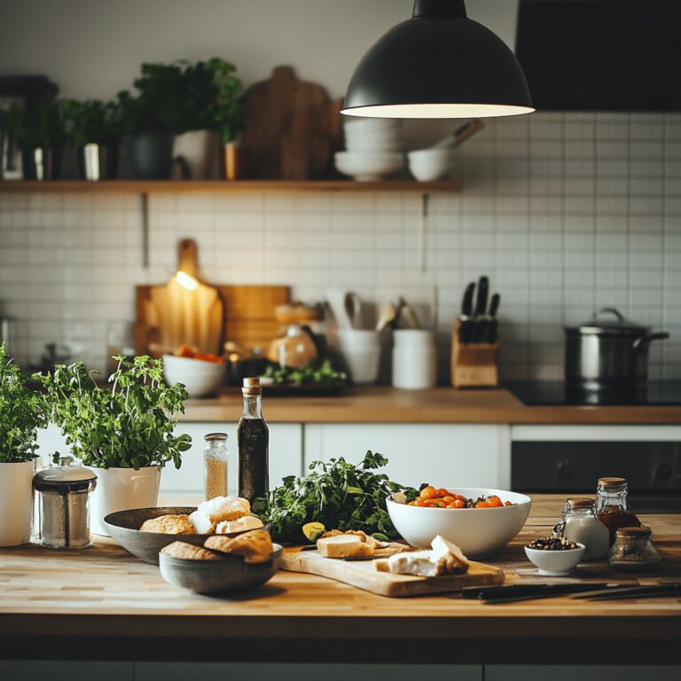 A warm and inviting modern kitchen filled with cooking tools and ingredients, featuring a well-organized countertop with an array of colorful bowls, utensils, and a hint of leftovers in the background. The lighting is natural and friendly, creating a cozy atmosphere that reflects a food blog's theme, emphasizing the importance of food safety without focusing on a specific dish.