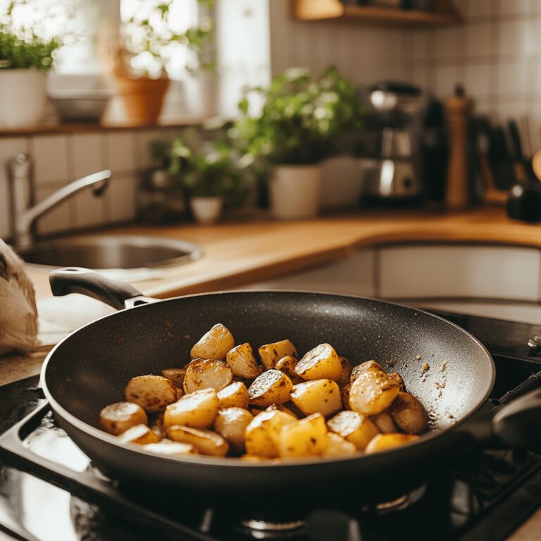 An inviting kitchen scene featuring various cooking utensils, bowls, and fresh ingredients scattered around a warm, cozy countertop. Soft, natural lighting enhances the atmosphere, highlighting a modern kitchen with hints of a potato dish being prepared. The image subtly incorporates the Lipton box without focusing on any single dish, creating a homely yet professional vibe that reflects the theme of a food blog.