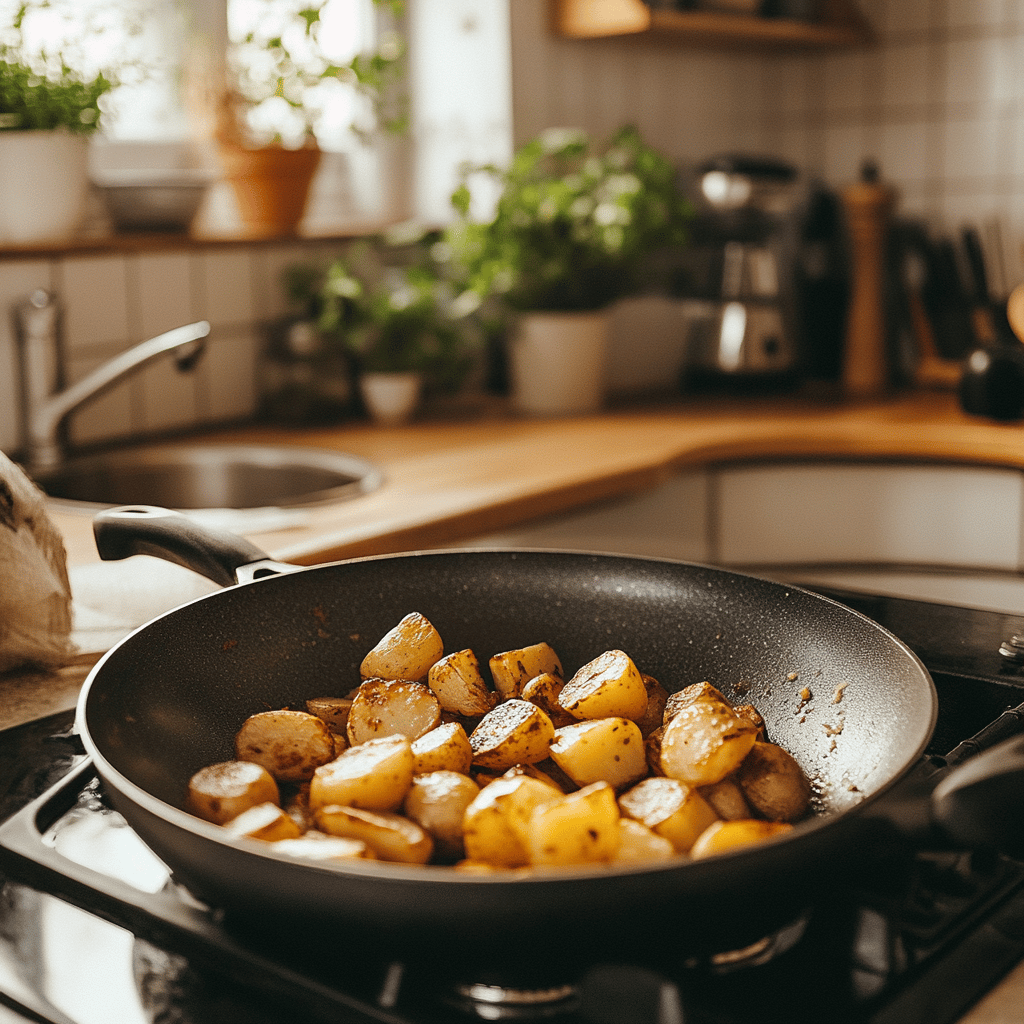 An inviting kitchen scene featuring various cooking utensils, bowls, and fresh ingredients scattered around a warm, cozy countertop. Soft, natural lighting enhances the atmosphere, highlighting a modern kitchen with hints of a potato dish being prepared. The image subtly incorporates the Lipton box without focusing on any single dish, creating a homely yet professional vibe that reflects the theme of a food blog.