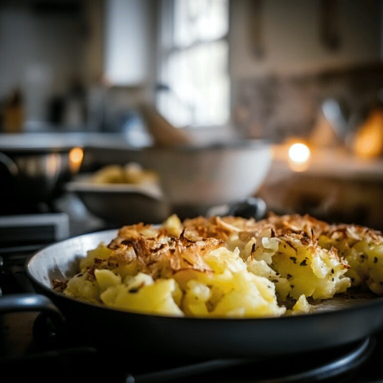 A warm and cozy modern kitchen scene featuring a variety of cooking tools and ingredients associated with traditional British cuisine, with subtle hints of the Bubble and Squeak recipe. The image showcases a wooden countertop adorned with fresh vegetables, potatoes, and scattered herbs. Utensils hang on the wall, and natural light filters in through a nearby window, illuminating the inviting atmosphere. The space feels homely yet professional, with carefully arranged details that evoke the charm of a nearly 300-year-old recipe.