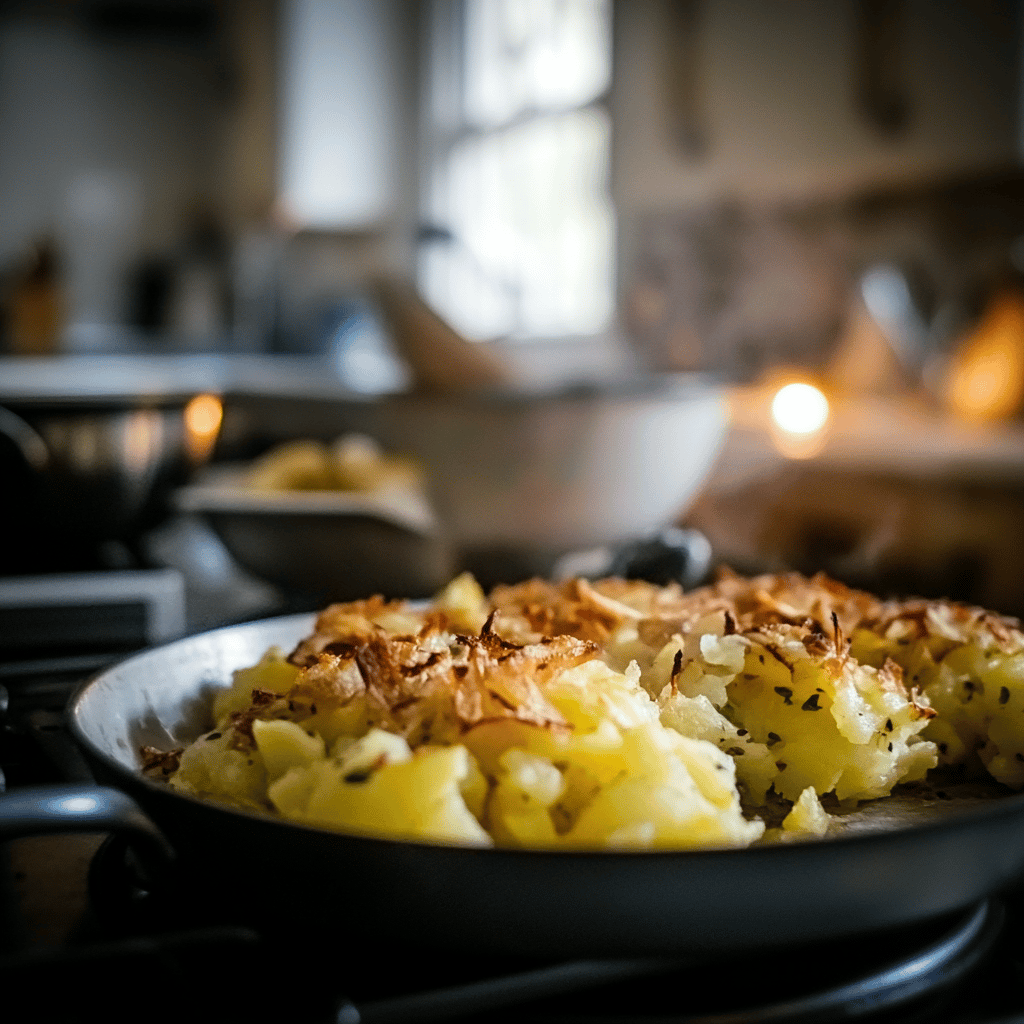 A warm and cozy modern kitchen scene featuring a variety of cooking tools and ingredients associated with traditional British cuisine, with subtle hints of the Bubble and Squeak recipe. The image showcases a wooden countertop adorned with fresh vegetables, potatoes, and scattered herbs. Utensils hang on the wall, and natural light filters in through a nearby window, illuminating the inviting atmosphere. The space feels homely yet professional, with carefully arranged details that evoke the charm of a nearly 300-year-old recipe.