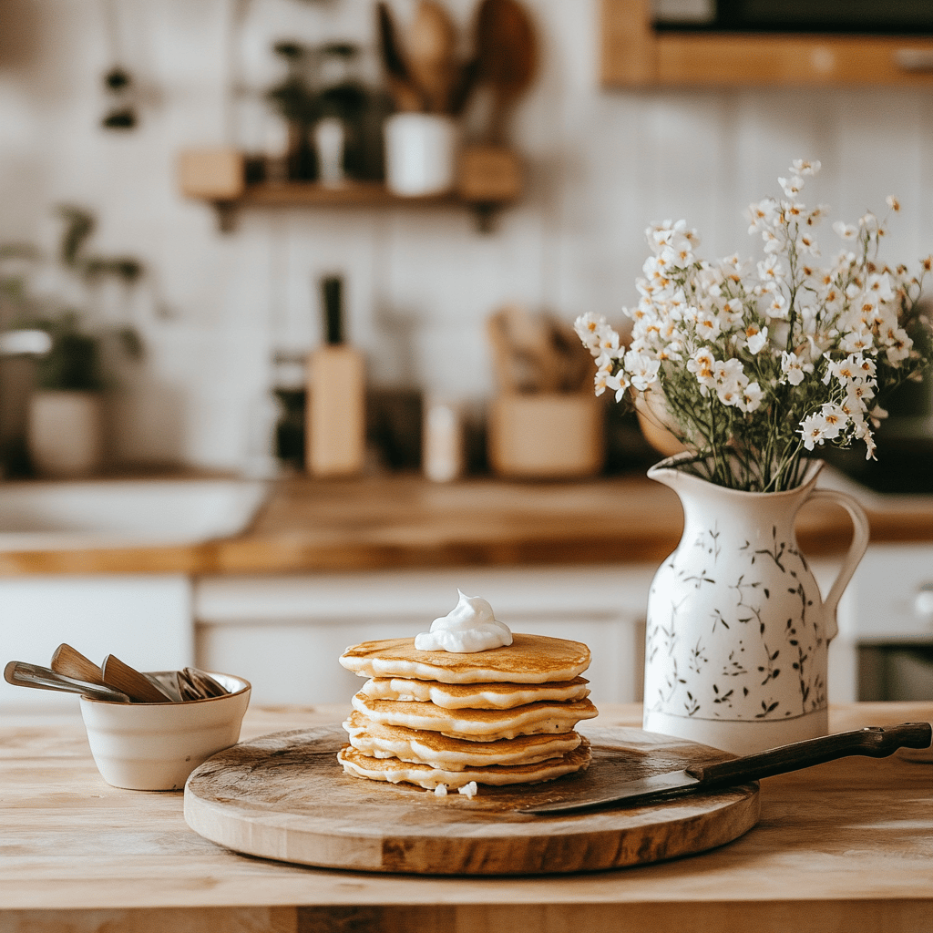 A cozy, modern kitchen scene featuring various cooking tools and ingredients for making fluffy pancakes, with warm, natural lighting. The countertops display mixing bowls, measuring cups, and scattered flour, while utensils hang in the background. The overall atmosphere invites the viewer into a homely yet professional cooking space, emphasizing the theme of traditional cooking wisdom.