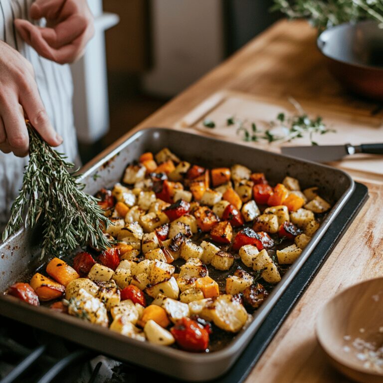 A warm, cozy kitchen scene showcasing a variety of fresh vegetables, cooking utensils, and bowls on a countertop, with natural light streaming in. The image conveys a welcoming atmosphere, highlighting cooking tools and ingredients that hint at the techniques for achieving extra crispy roasted vegetables, without focusing on a single dish.