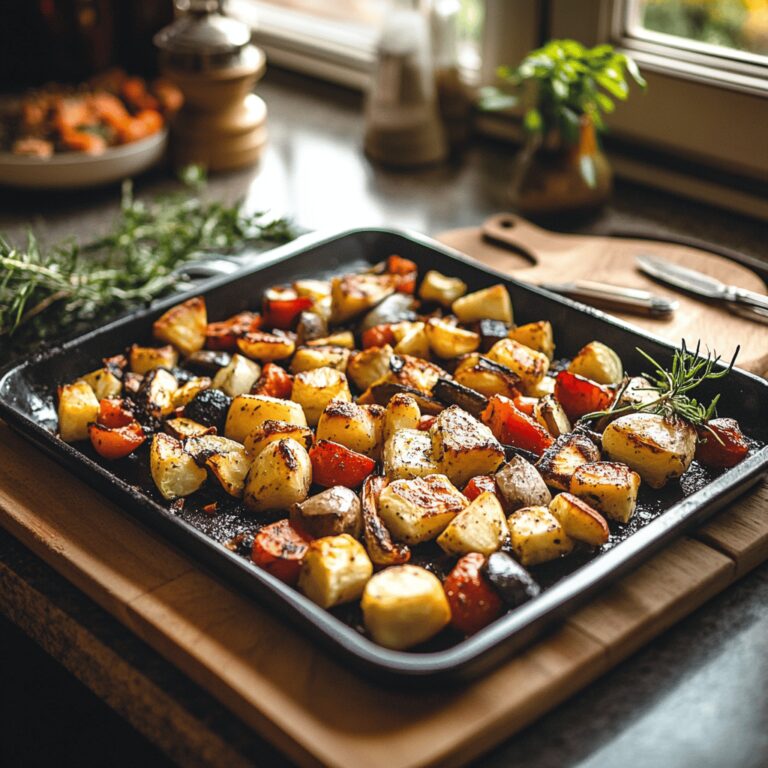 A cozy, modern kitchen filled with fresh vegetables and cooking tools, showcasing colorful, crispy roasted vegetables on a rustic wooden countertop. Soft natural light bathes the scene, highlighting inviting utensils, bowls, and fresh herbs, creating a warm atmosphere that reflects a welcoming space for cooking.