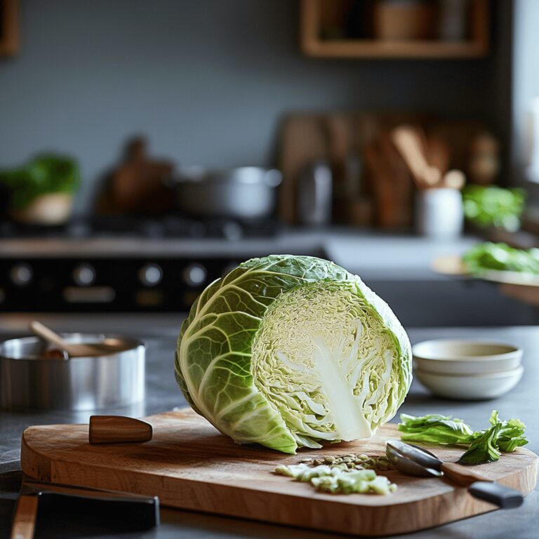 A warm and inviting modern kitchen filled with natural light, showcasing a variety of cooking tools, bowls, and ingredients related to cabbage preparation. The scene features a mix of neatly organized utensils on a countertop, vibrant fresh cabbage heads, and spices, all arranged in a cozy, homely manner that evokes a sense of culinary creativity and comfort. The atmosphere is friendly and inviting, perfect for a food blog about cooking techniques.