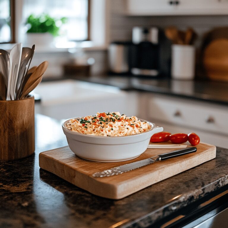 A modern kitchen exuding a warm and cozy vibe, featuring cooking utensils, fresh ingredients, and various bowls on a countertop. The lighting is natural and friendly, creating an inviting atmosphere that reflects a food blog theme. Subtle hints suggest a pimento cheese recipe, with an emphasis on the cooking process rather than a single dish.