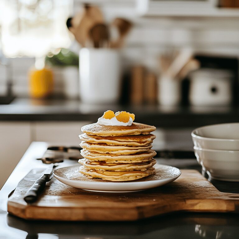 A warm and inviting modern kitchen filled with soft natural light, featuring a rustic wooden countertop adorned with various cooking utensils, bowls of fresh ingredients, and a stack of fluffy pancakes. The background includes subtle hints of cooking tools and a cozy atmosphere, reflecting a homely yet professional vibe, perfect for a food blog about popular pancake recipes.