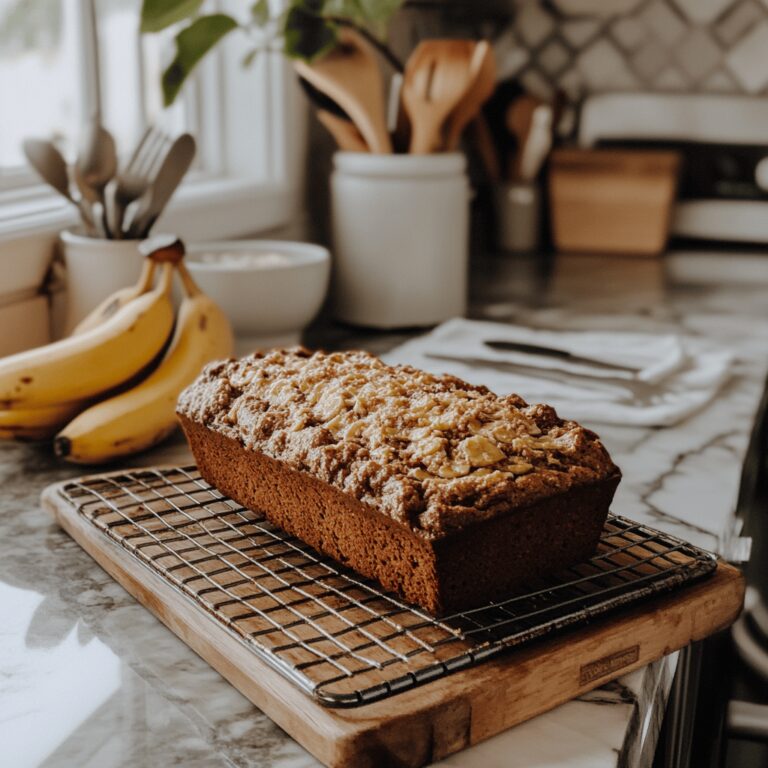A warm and inviting kitchen scene featuring banana bread ingredients like ripe bananas, flour, and brown sugar on a rustic countertop. Cozy cooking utensils, mixing bowls, and a wooden cutting board are artistically arranged. Natural light flows in through a window, casting a friendly glow over the setting. The overall atmosphere conveys both homeliness and professionalism, with subtle hints of the blog's theme woven throughout the image.