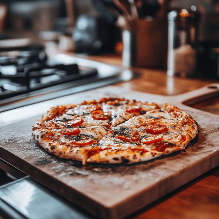 An inviting and cozy modern kitchen scene featuring cooking tools, utensils, and ingredients subtly arranged to reflect a warm, homely atmosphere, perfect for a food blog about reheating pizza. The lighting is natural, creating a friendly vibe, while the details like bowls and countertops enhance the professional feel without focusing on a single dish.