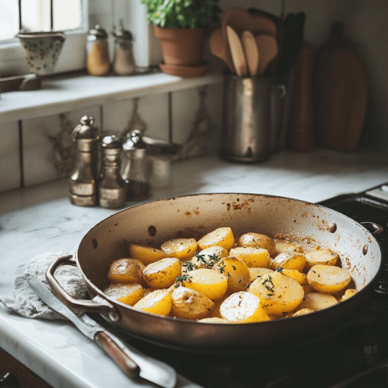 A warm and inviting modern kitchen featuring a variety of cooking tools and ingredients arranged thoughtfully around a countertop. Soft, natural lighting illuminates the scene, highlighting rustic utensils, colorful bowls, and fresh produce, all contributing to a cozy yet professional atmosphere. The overall composition suggests a vintage vibe, subtly evoking the theme of Delmonico potatoes while avoiding a singular focus on one dish.