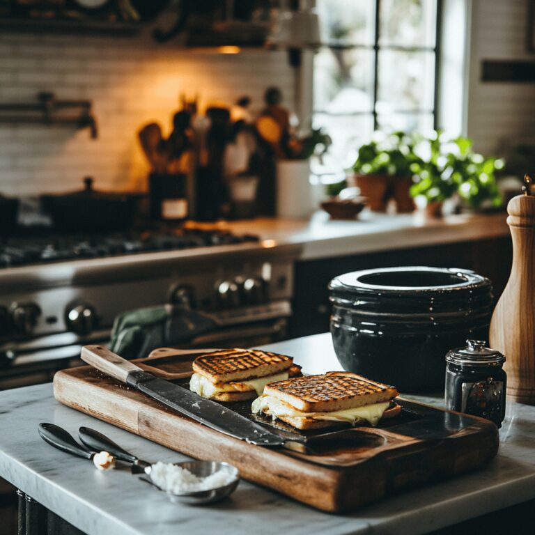 A warm and cozy modern kitchen scene filled with cooking tools, ingredients, and various utensils, depicting a friendly atmosphere. The countertop is adorned with an array of colorful ingredients like bread, cheese, and fresh vegetables, while pots and pans are neatly arranged. Soft, natural lighting creates an inviting ambiance, reflecting the theme of homemade cooking for a crowd, without focusing on a single dish.