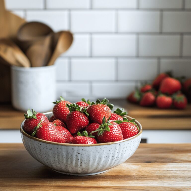 A cozy modern kitchen with warm lighting, featuring fresh strawberries in a bowl, various cooking utensils, and a countertop that suggests a homey but professional vibe, subtly reflecting food storage techniques and inviting the viewer to explore the best ways to store strawberries.