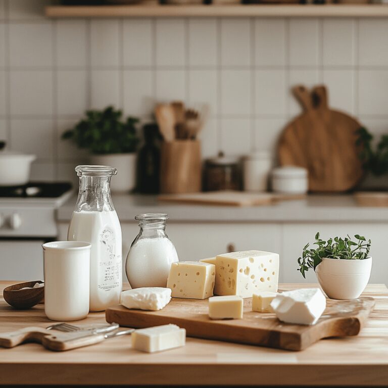 A cozy, modern kitchen featuring various expired dairy products arranged artistically on a countertop, surrounded by cooking utensils, bowls, and ingredients. Soft, natural lighting highlights the scene, emphasizing a warm and inviting atmosphere. Subtle cues reflect the theme of food safety and exploration, while the overall composition maintains a professional yet homely feel.