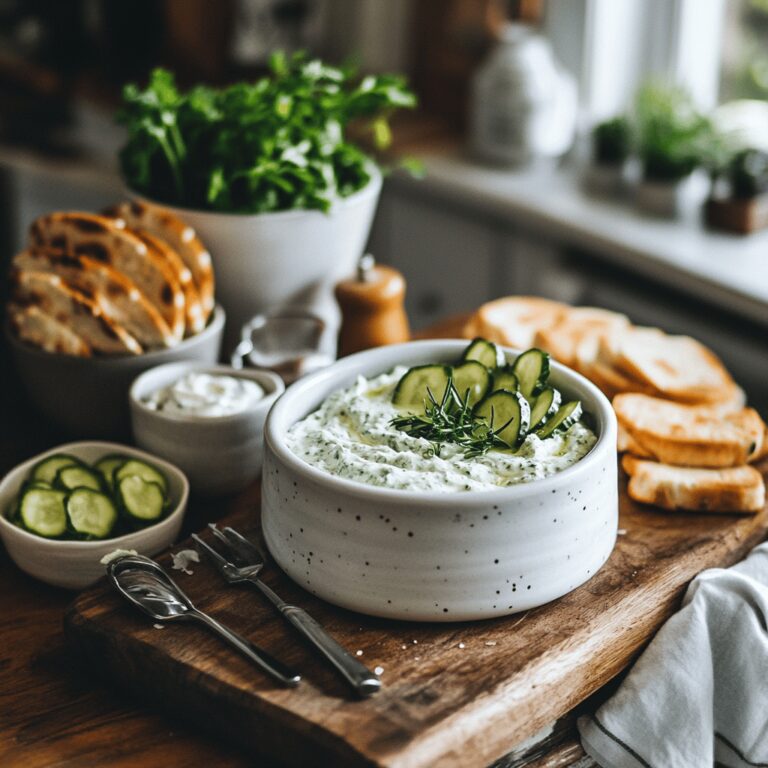 An inviting modern kitchen scene showcasing a variety of cooking tools and ingredients for a food blog, featuring warm lighting, cozy decor, and elements like utensils, bowls, and countertops, alluding to a quick and easy pickle dip recipe.
