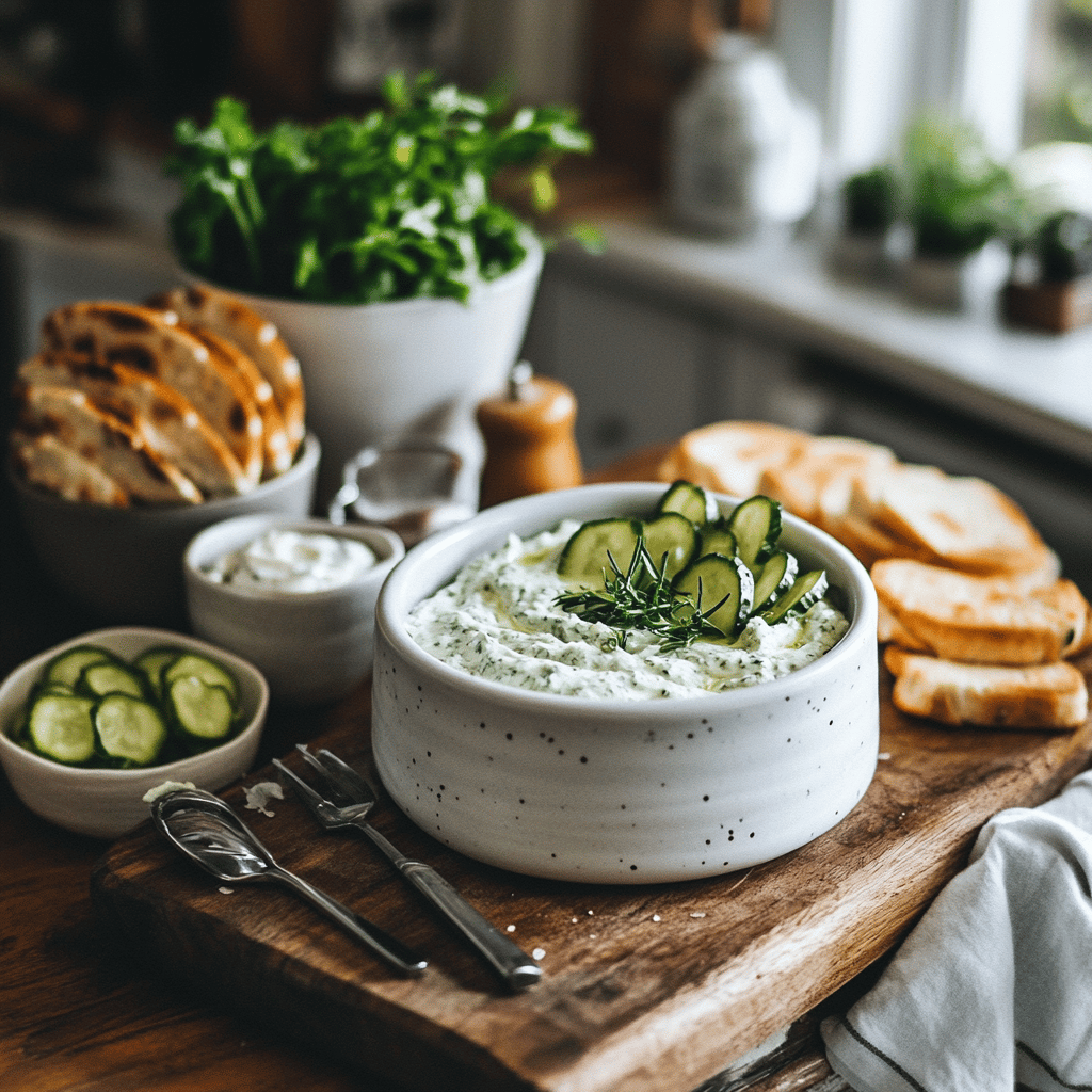 An inviting modern kitchen scene showcasing a variety of cooking tools and ingredients for a food blog, featuring warm lighting, cozy decor, and elements like utensils, bowls, and countertops, alluding to a quick and easy pickle dip recipe.
