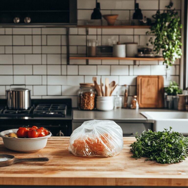 An inviting kitchen scene featuring various cooking utensils, ingredients, and plastic bags on a countertop, illuminated by warm, natural light, creating a cozy atmosphere. The background subtly highlights the theme of reusing plastic bags, with a mix of vibrant vegetables and neatly arranged containers, enhancing the professional yet homely feel of the space.