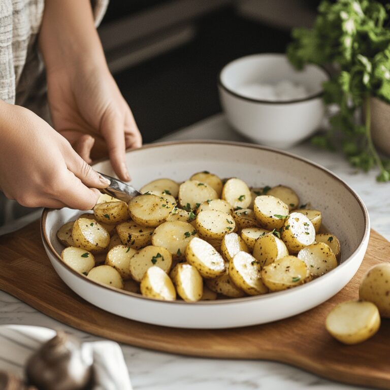 A warm and cozy modern kitchen, featuring a rustic wooden countertop adorned with various cooking utensils, bowls filled with colorful fresh ingredients, and scattered potatoes. Soft natural light illuminates the space, highlighting the inviting atmosphere that reflects a love for cooking and food preparation. The scene captures a sense of homely elegance, with subtle hints of the blog's theme integrated throughout the kitchen decor.