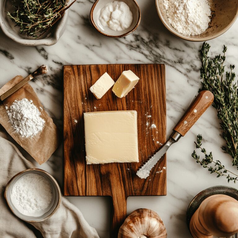 A warm, inviting kitchen scene featuring various cooking tools and ingredients scattered on a countertop, with a focus on a butter dish and softened butter. Soft, natural lighting illuminates the space, highlighting a cozy atmosphere. Utensils and bowls are arranged neatly, creating a homely yet professional setting, with a subtle emphasis on baking techniques and practices.