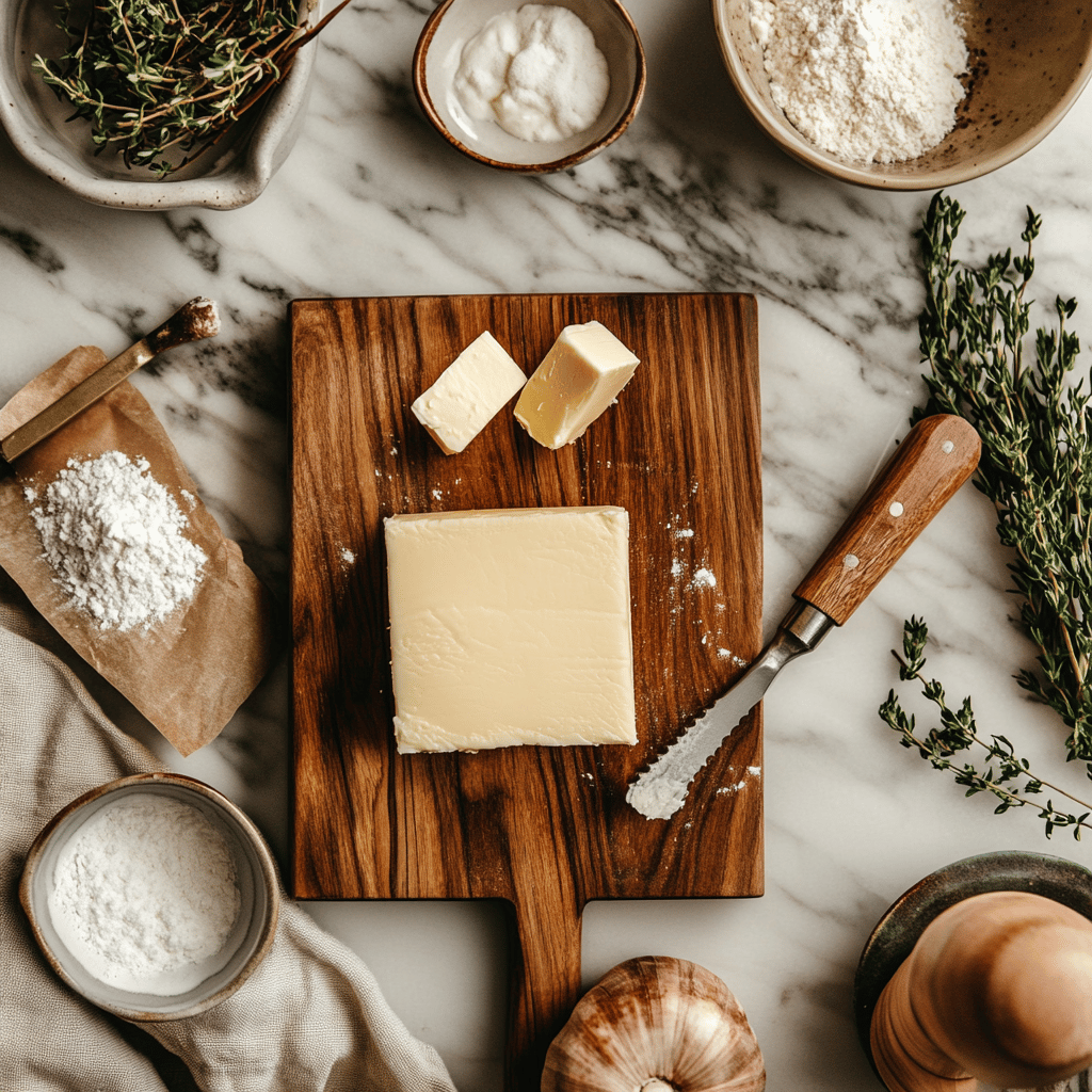 A warm, inviting kitchen scene featuring various cooking tools and ingredients scattered on a countertop, with a focus on a butter dish and softened butter. Soft, natural lighting illuminates the space, highlighting a cozy atmosphere. Utensils and bowls are arranged neatly, creating a homely yet professional setting, with a subtle emphasis on baking techniques and practices.