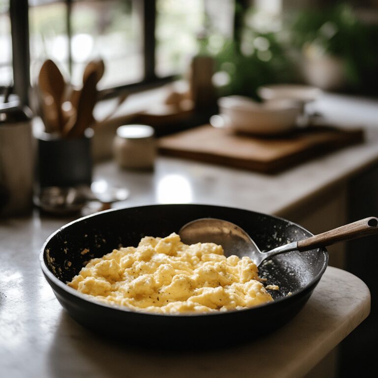 A cozy, modern kitchen featuring an array of cooking tools and ingredients, with natural lighting creating a warm atmosphere. The scene includes various utensils, bowls, and a well-organized countertop, inviting viewers into a homely yet professional cooking space that reflects the art of making perfect scrambled eggs, without focusing on a single dish.