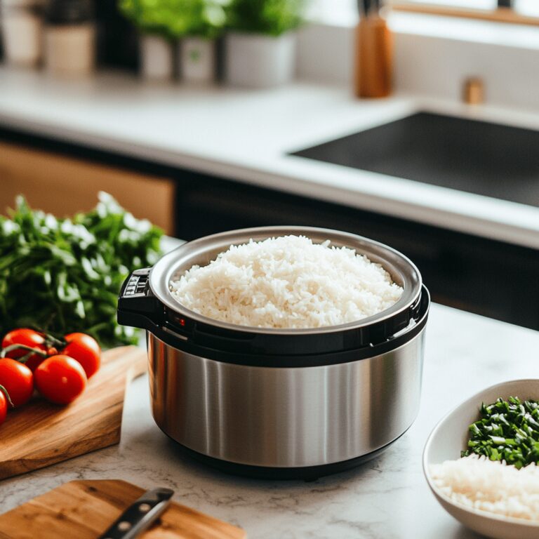A warm and inviting modern kitchen scene with natural lighting, featuring an Instant Pot on the countertop surrounded by various cooking tools like wooden spoons and measuring cups. Bowls filled with uncooked rice and fresh ingredients are nearby, adding color and texture to the setting. Subtle details like fresh herbs, a cookbook open to a rice recipe, and the cozy atmosphere create a homely yet professional vibe, reflecting the theme of a food blog about cooking rice with an Instant Pot.