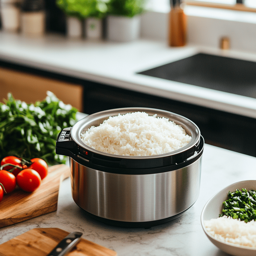 A warm and inviting modern kitchen scene with natural lighting, featuring an Instant Pot on the countertop surrounded by various cooking tools like wooden spoons and measuring cups. Bowls filled with uncooked rice and fresh ingredients are nearby, adding color and texture to the setting. Subtle details like fresh herbs, a cookbook open to a rice recipe, and the cozy atmosphere create a homely yet professional vibe, reflecting the theme of a food blog about cooking rice with an Instant Pot.