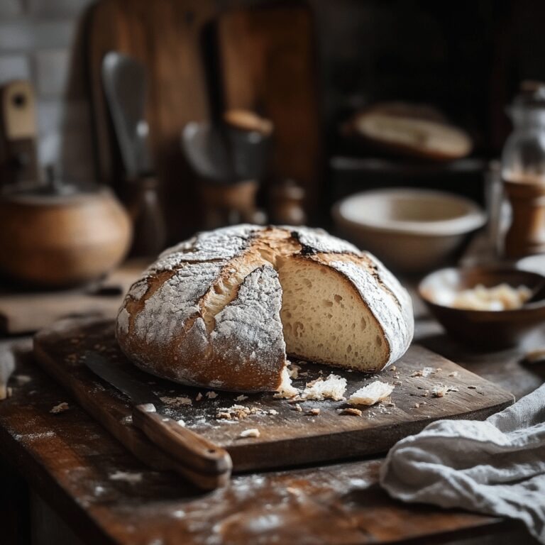 A warm and inviting kitchen scene featuring a rustic wooden countertop with an array of cooking tools, bowls, and ingredients for reviving stale bread. Soft, natural lighting filters through a nearby window, casting a cozy glow on the kitchen. In the background, hints of baking sheets and fresh herbs suggest a homey yet professional atmosphere, inviting readers to engage with the idea of transforming stale bread into something delicious.