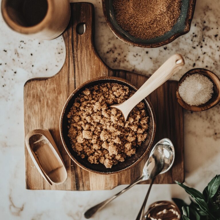 A warm, cozy modern kitchen filled with natural light, featuring a wooden countertop adorned with a bowl of soft brown sugar next to cooking utensils. A kitchen gadget designed to prevent brown sugar from hardening is subtly placed nearby, along with various fresh ingredients like herbs, spices, and baking tools, creating an inviting atmosphere that reflects a friendly and professional food blog aesthetic.