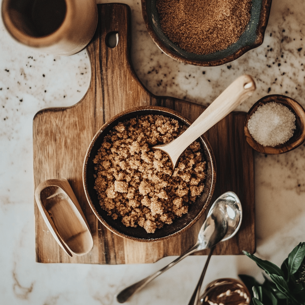 A warm, cozy modern kitchen filled with natural light, featuring a wooden countertop adorned with a bowl of soft brown sugar next to cooking utensils. A kitchen gadget designed to prevent brown sugar from hardening is subtly placed nearby, along with various fresh ingredients like herbs, spices, and baking tools, creating an inviting atmosphere that reflects a friendly and professional food blog aesthetic.