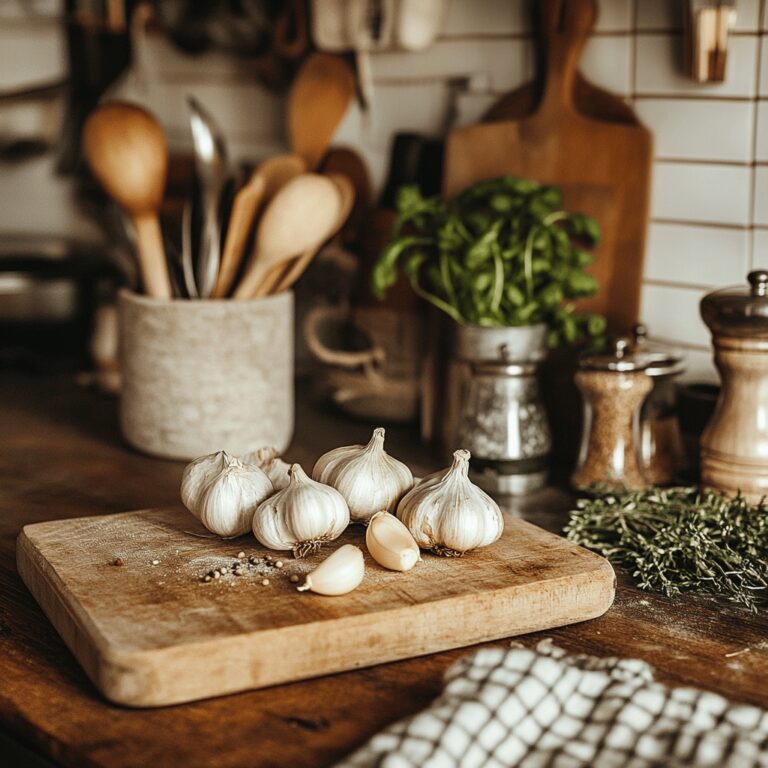 A warm and cozy modern kitchen filled with natural light, showcasing various cooking utensils and ingredients. The countertop is adorned with a rustic bowl of fresh garlic beside a cutting board, while a few cooking tools and recipe cards are artfully placed around. The scene reflects a homely yet professional atmosphere, inviting the viewer into a world of culinary creativity focused on the proper storage techniques for garlic.
