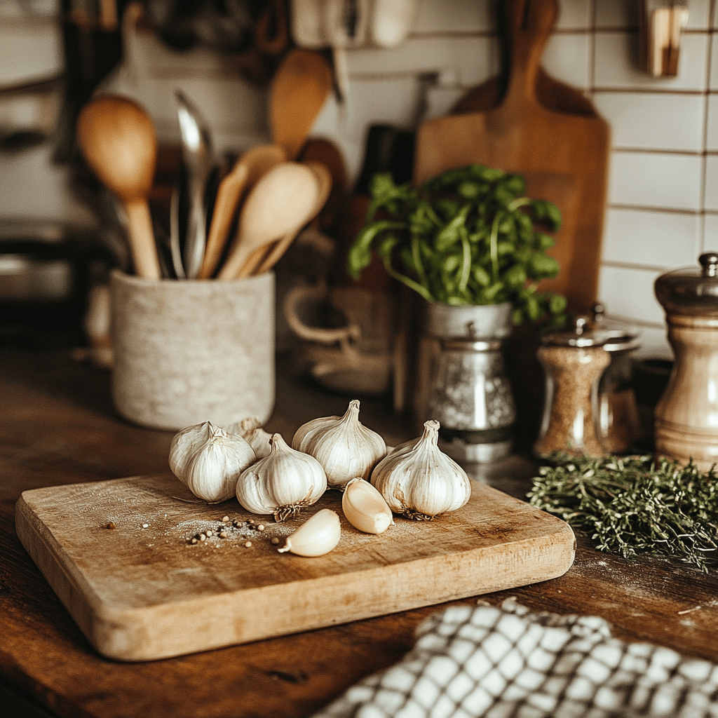 A warm and cozy modern kitchen filled with natural light, showcasing various cooking utensils and ingredients. The countertop is adorned with a rustic bowl of fresh garlic beside a cutting board, while a few cooking tools and recipe cards are artfully placed around. The scene reflects a homely yet professional atmosphere, inviting the viewer into a world of culinary creativity focused on the proper storage techniques for garlic.